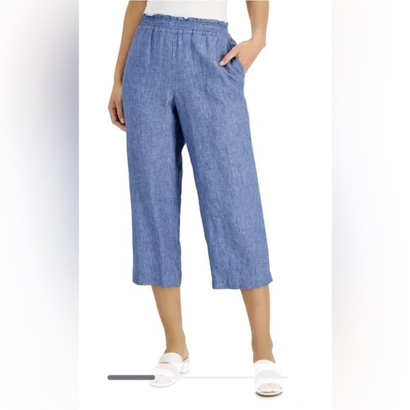 Pants - Charter Club Women's Linen Cropped Pull-On Pants Blue Ocean